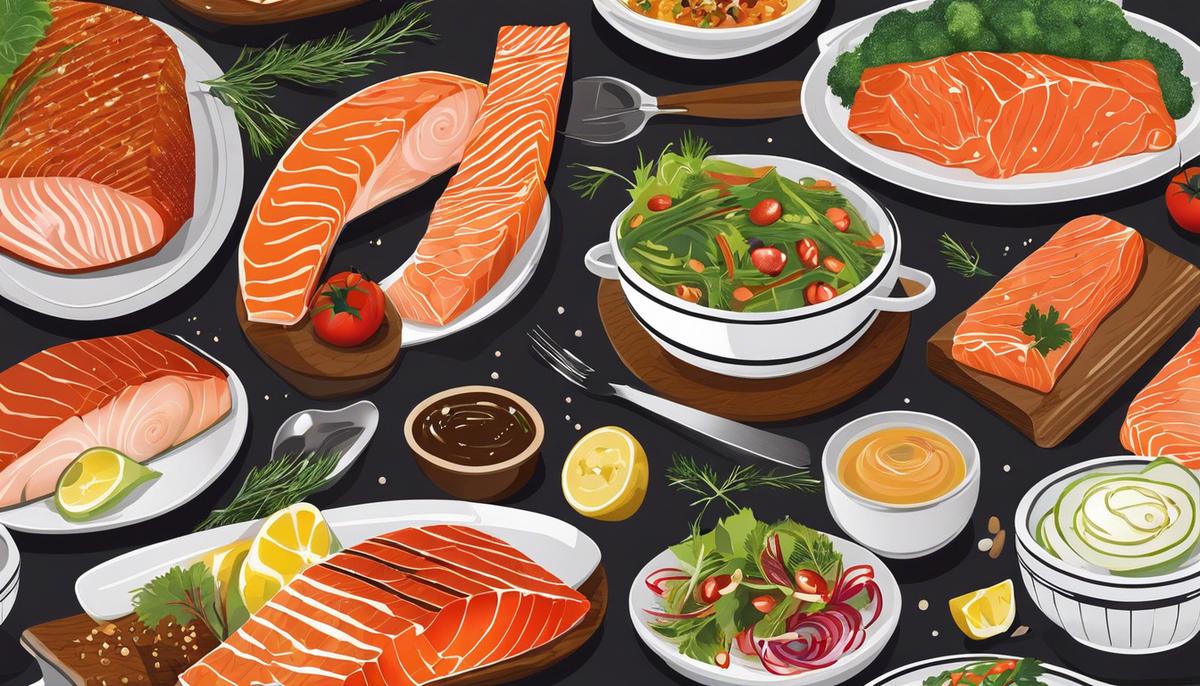 Illustration of various side dishes surrounding a salmon fillet
