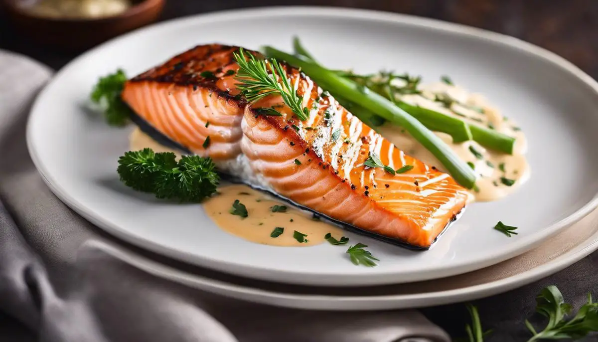 A close-up image of a beautifully plated salmon fillet with a creamy sauce drizzled over it, garnished with fresh herbs.